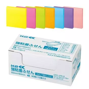 KOKUYO Sticky Notes с сильным клеем K2 50 мм x 50 мм неоновые цвета 90 листов x 10 книг 7 цветов K2Me-KN5050X10