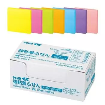 KOKUYO Sticky Notes с сильным клеем K2 50 мм x 50 мм неоновые цвета 90 листов x 10 книг 7 цветов K2Me-KN5050X10