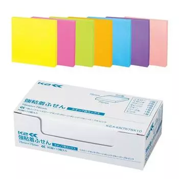 KOKUYO Sticky Notes Strong Adhesive K2 75mm x 75mm Neon Colors 90 Sheets x 10 Books 7 Colors K2Me-KN7575X10