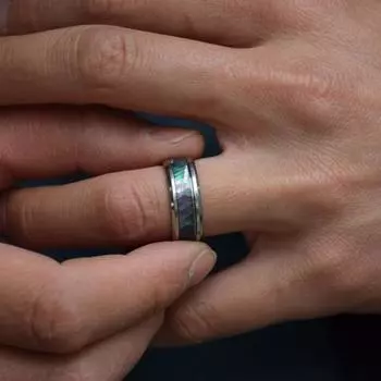 Кольца 8 мм для мужчин, кольца из нержавеющей стали в виде раковины ушка, обручальное кольцо, инкрустация из ушка с радужной рябью, нержавеющая сталь US 6 чёрный