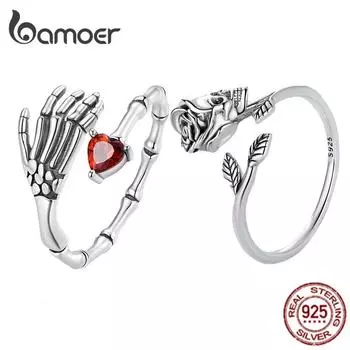 Кольца BAMOER из стерлингового серебра 925 пробы в стиле панк с черепом и красным сердцем CZ для женщин, специальные ювелирные изделия на Хэллоуин, подарки A
