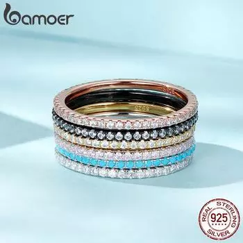 Кольца BAMOER из стерлингового серебра 925 пробы с блестящим цирконом, женские обручальные кольца для помолвки, простое круглое штабелируемое кольцо