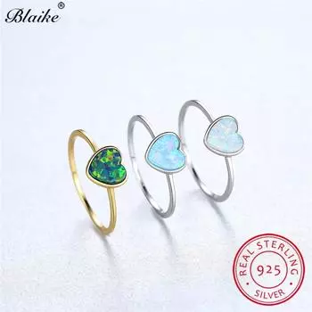 Кольца Blaike с радужным зеленым, синим, белым огненным опалом для женщин, кольцо с сердечком из стерлингового серебра 925 пробы, обручальные кольца, ювелирные изделия 8 зелёный