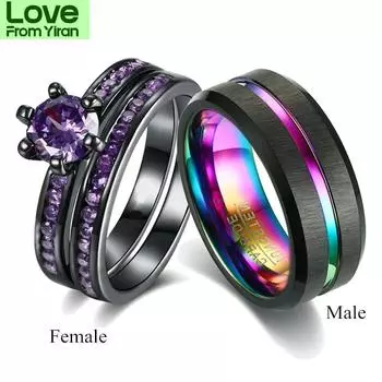 Кольца для пар с подвесками, мужские кольца из радужной вольфрамовой стали, фиолетовые циркониевые женские обручальные кольца, комплект ювелирных изделий на День святого Валентина 7