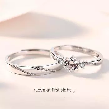 Кольца для пары из стерлингового серебра S925: Кольца с имитацией бриллиантов в японско-корейском стиле для свадеб, юбилеев или подарков на День святого Валентина. Adjustable Opening