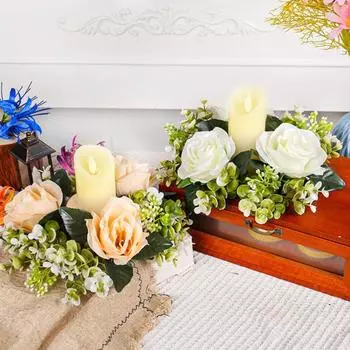 Кольца для свечей, венок, искусственные розы, подсвечник, гирлянда, маленькие свечи, цветочные кольца, свадебные украшения для вечеринки, церемонии, декор жёлтый