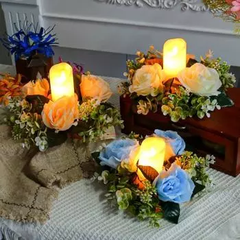 Кольца для свечей Yousheng, венок, искусственные розы, подсвечник, гирлянда, маленькие свечи, цветочные кольца, свадебные украшения для вечеринки, церемонии, декор жёлтый