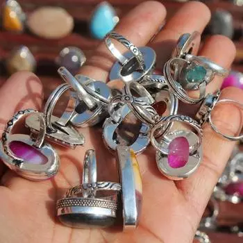 Кольца для женщин Кольца из натуральных и смешанных драгоценных камней, кольца в стиле хиппи, винтажные кольца, массивные винтажные кольца для женщин Free Size 5 Pcs синий