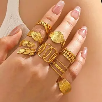 Кольца для женщин, золотые модные украшения из нержавеющей стали с листьями, винтажные геометрические линии, регулируемое титановое кольцо на палец для девочек, с крестообразным отверстием