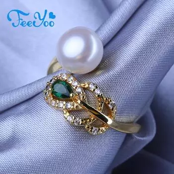 Кольца FEEYOO с натуральным пресноводным жемчугом для женщин и девочек, модное золотого цвета, регулируемый размер, кольцо с цветком, подарок на день рождения Adjustable size белый