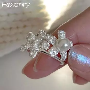 Кольца Foxanry с жемчугом для женщин, пары, новые модные элегантные цветочные геометрические геометрические ювелирные изделия ручной работы, подарки на день рождения 17mm серебряный