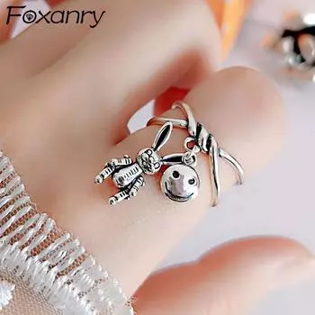 Кольца Foxanry со смайликом для женщин, модный милый кулон в виде кролика, тайское серебро, свадебные украшения для невесты, подарки as Shown серебряный