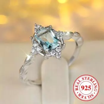 Кольца из чистого серебра 925 пробы с прямоугольным узором небесно-голубого цвета для женщин, роскошные свадебные аксессуары, темпераментные серебряные украшения 925 пробы 6 серебряный/аква голубой