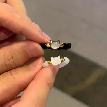 Кольца из натурального лунного камня и обсидиана, минималистское кольцо ручной работы, симпатичное черное белое кольцо с кошкой, женские аксессуары для вечеринок, ювелирные изделия Black