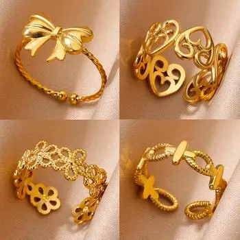 Кольца из нержавеющей стали для женщин, золотого цвета, геометрический крест, сердце, бант, модное ювелирное изделие для свадебной вечеринки, подарок anillos resizable