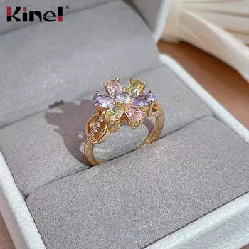 Кольца из розового золота Kinel с цветным цирконом и цветком 6 розового золота