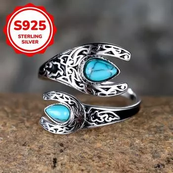 Кольца из стерлингового серебра 925 пробы, двусторонние, в форме капли, с бирюзой, открытые, для женщин, в этническом богемном стиле, регулируемые, ювелирные аксессуары синий