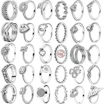 Кольца из стерлингового серебра 925 пробы, перья в форме сердца, паве, сверкающие круглые кольца с фианитами для женщин, подвески, ювелирные изделия 7 белый