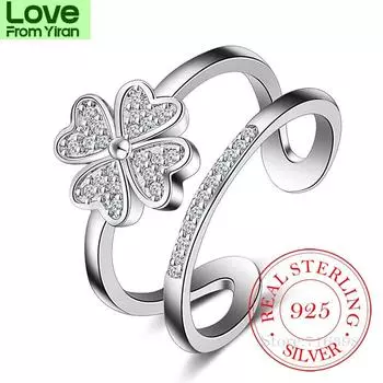 Кольца из стерлингового серебра 925 пробы для женщин с мозаикой из фианита и четырехлистного клевера, многослойные кольца с возможностью изменения размера, свадебный подарок Resizable