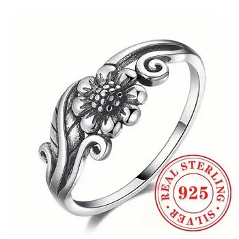 Кольца из стерлингового серебра 925 пробы с листьями и цветами, винтажные аксессуары для пальцев, изысканные украшения для вечеринок 6 серебряный
