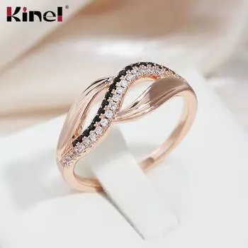 Кольца Kinel с черным натуральным цирконом для женщин, современное модное кольцо цвета розового золота 6 золотой