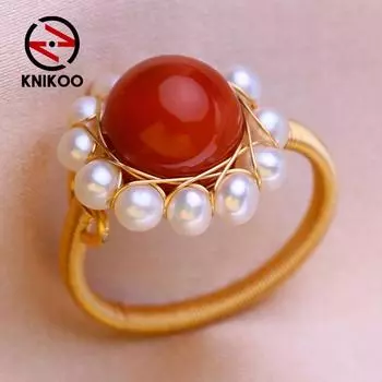 Кольца KNIKOO для женщин с кубическим цирконием, модные красные кольца, ювелирные изделия для регулируемого жемчужного кольца, подарки на вечеринку A