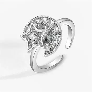 Кольца Kofsac Exquisite Circon 925 Sterling Silver для женщин Творчество Вращающееся Кольцо Moon Star Ювелирные Изделия Снимают Тревогу Стресс Resizable серебряный