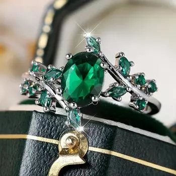 Кольца-листья серебряного цвета для женщин, элегантное кольцо с зеленым цирконием, овальной огранкой «маркиз», веткой дерева, модные свадебные украшения 6 зелёный/серебряный