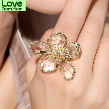 Кольца на палец с большим цветком для женщин, модные ювелирные изделия с цветными кристаллами синий