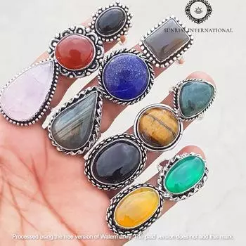 Кольца с драгоценными камнями, Кольца с натуральными драгоценными камнями для нее, Кольца из немецкого серебра, Ювелирные кольца ручной работы, Винтажные кольца, Объемные кольца, Массивные кольца free Size 5 Pcs синий