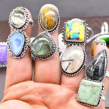 Кольца с драгоценными камнями, Лот колец с натуральными и драгоценными камнями, США, смешанный размер 6-9, Кольцо с различными драгоценными камнями, Лот колец ручной работы, Лот винтажных колец, Кольца оптом, Free Size синий