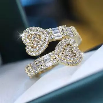 Кольца с двумя кубическими цирконами в форме сердца для женщин, открытые кольца на палец для девушек, влюбленных, ювелирные изделия, подарок на День святого Валентина белый/золотой