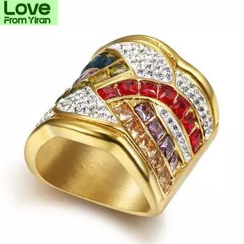 Кольца с кубическим цирконием в стиле хип-хоп, женские и мужские, ювелирные изделия для вечеринок, золотистого цвета, из нержавеющей стали, коктейльное кольцо, женские кольца