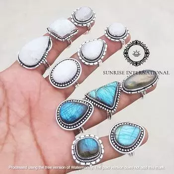 Кольца с радужным лунным камнем и лабрадором для женщин, кольца ручной работы с лабрадоритом и лунным камнем, ювелирные изделия, свадебные украшения Free Size 10 Pcs белый