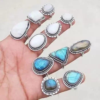 Кольца с радужным лунным камнем и лабрадором для женщин, кольца ручной работы с лабрадоритом и лунным камнем, ювелирные изделия, свадебные украшения 6 To 10 белый