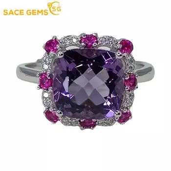 Кольца SACE GEMS из стерлингового серебра 925 пробы 9*9 мм с натуральным аметистом для женщин, помолвка, коктейльная вечеринка, изысканные ювелирные изделия, подарок Open фиолетовый