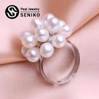 Кольца SENIKO с натуральным пресноводным жемчугом для женщин, модное женское кольцо с кубическим цирконием и CZ в виде цветка, ювелирные изделия с жемчугом, регулируемое кольцо белый