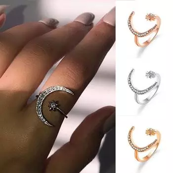 Кольца со стразами в виде звезды и луны, корейский стиль, кольцо в виде полумесяца, винтажное кольцо для пары, подарок розового золота
