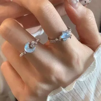 Кольца Star Moon Zircon для женщин, имитация жемчуга, открытое регулируемое кольцо, синее блестящее эстетическое кольцо на палец, модные ювелирные изделия, подарок 2024 г. Moon1