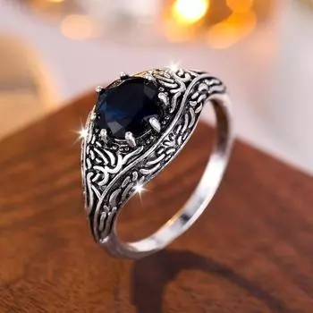 Кольца в стиле ретро с темно-синим цирконием и текстурой для женщин и мужчин, серебряное кольцо с резьбой для вечеринки, модные ювелирные изделия 6 серебряный/синий