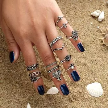 Кольца в виде слона в форме цветка и короны из богемского слона, набор серебряных колец для женщин, украшения на костяшки пальцев для вечеринки, кольца