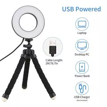 Кольцевая лампа 9 см/3,5 дюйма для ноутбука, 3-цветная круглая лампа с настольным штативом 3200K6000K, 10 регулируемых чёрный