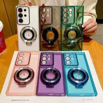 Кольцевой держатель Мягкий чехол из ТПУ с защитой объектива для Galaxy S24 Ultra S23 Plus S23 FE S22 Plus Прозрачный противоударный защитный чехол For Galaxy S24 Ultra розовый