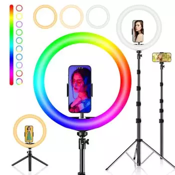 Кольцевой светильник PEYOU 12 дюймов, 155 см, с настольной подставкой, может использоваться как штатив для селфи, актриса, 2 зажима для смартфона, 26 цветовых режимов, питание от USB
