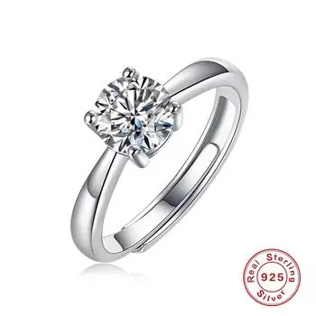 Кольцо 1 карат Серебро S925 Кольцо с муассанитом Прямой живой ободок Простой четырехлапчатый держатель для кольца Ювелирное кольцо opening adjustable