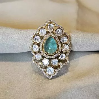 Кольцо Arisha Silver из позолоченного серебра 925 пробы, украшения ручной работы в стиле кундан с муассанитом и кубическим цирконием для женщин, индийские украшения, кольцо с изумрудом FS золотой