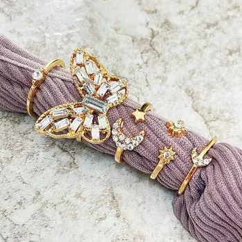 Кольцо-бабочка в стиле бохо, комплект из 5 предметов, креативное женское хрустальное кольцо в стиле ретро, золотистое, индивидуальное, мужское ювелирное изделие