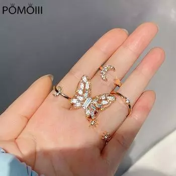 Кольцо-бабочка в стиле бохо, набор из 5 предметов, креативное женское хрустальное кольцо, ретро, золотистое, индивидуальное, мужское ювелирное изделие