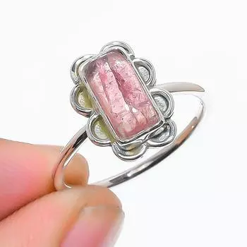 Кольцо-багет из стерлингового серебра 925 пробы с натуральным розовым турмалином, размер 7,5 (США) 7.5 US