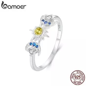 Кольцо Bamoer из стерлингового серебра 925 пробы с солнцем и луной, белое золото с покрытием, нежное кольцо на палец с фианитом для женщин и девочек, вечерние ювелирные изделия, подарок 6 серебряный